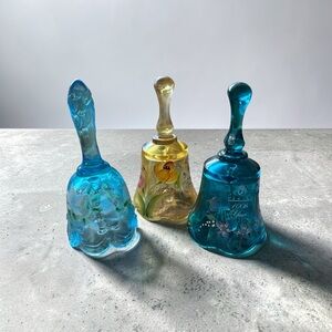 Fenton Elegant Blue and Yellow Glass Bells 100th Anniversary
